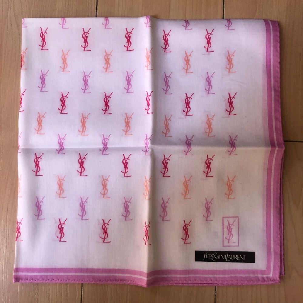 New Yves Saint Laurent Bandana Handkerchief Scarf YSL Logo All Over Pink